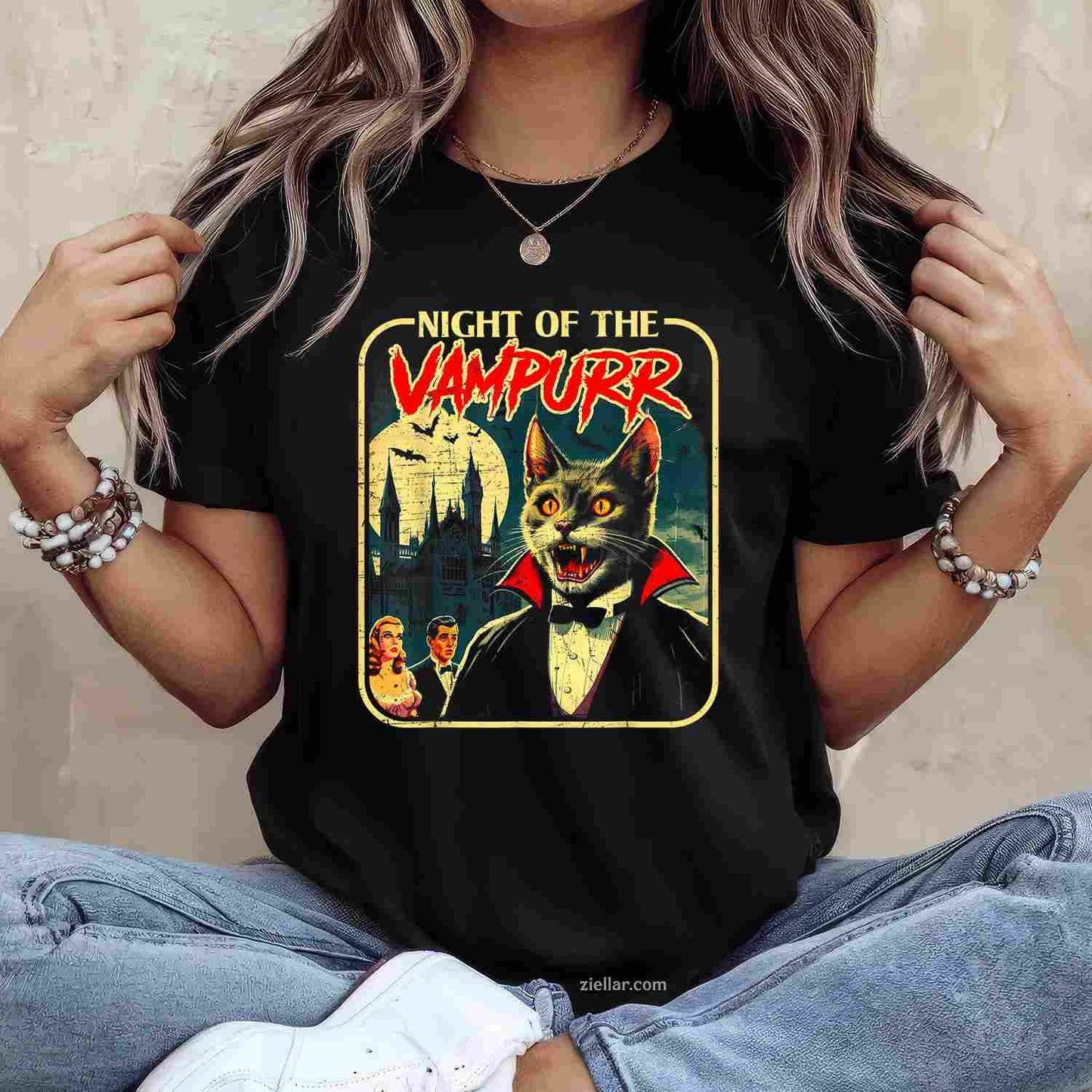 Night of the Vampurr Funny Cat Halloween Tee, Halloween T-Shirt for Men Women Adults Unisex, Trendy Graphic Apparel, Unique Gift Idea