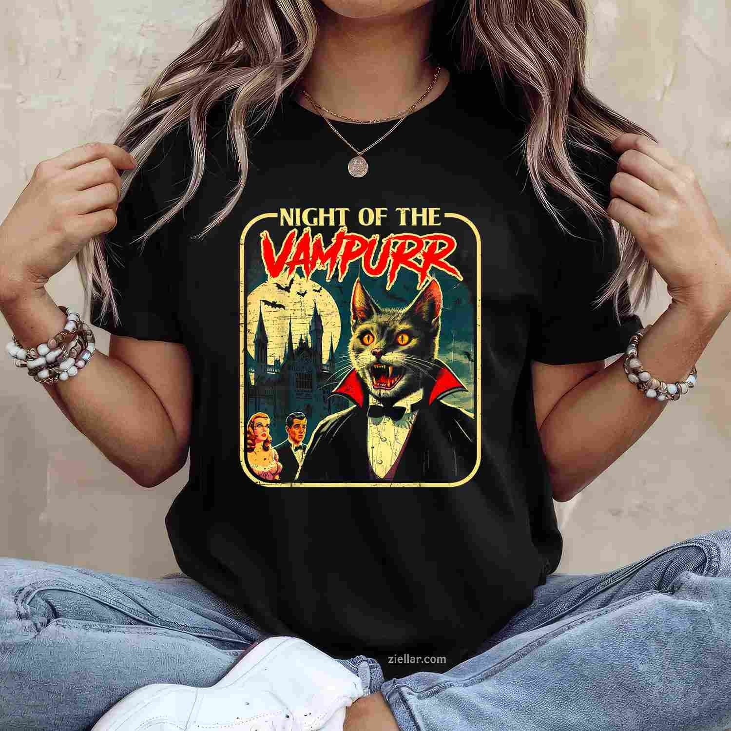 Night of the Vampurr Funny Cat Halloween Tee, Halloween T-Shirt for Men Women Adults Unisex, Trendy Graphic Apparel, Unique Gift Idea