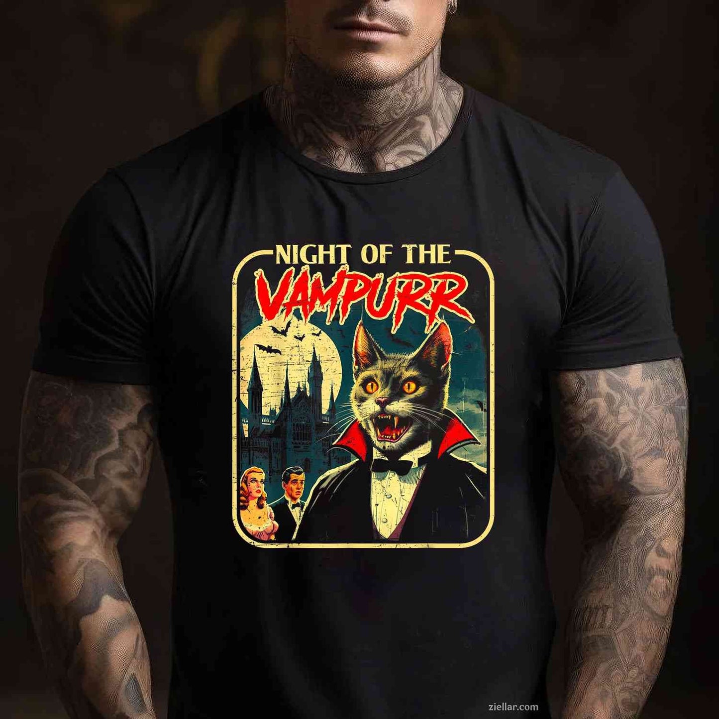 Night of the Vampurr Funny Cat Halloween Tee, Halloween T-Shirt for Men Women Adults Unisex, Trendy Graphic Apparel, Unique Gift Idea
