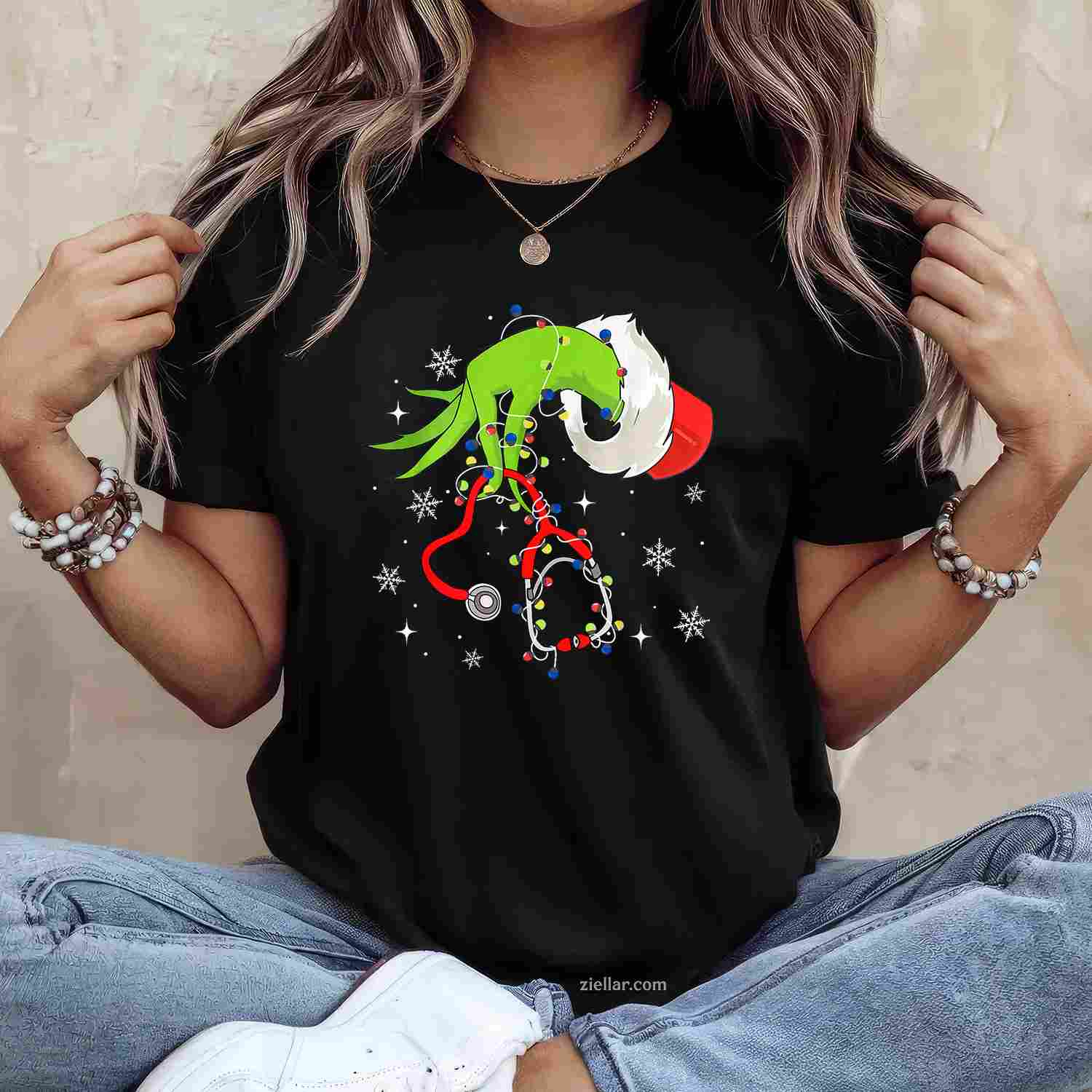 Nurse Christmas Stethoscope Nurses Xmas Pajamas Santa Women T-Shirt, A Funny Nurse Christmas Stethoscope Pajama Tee