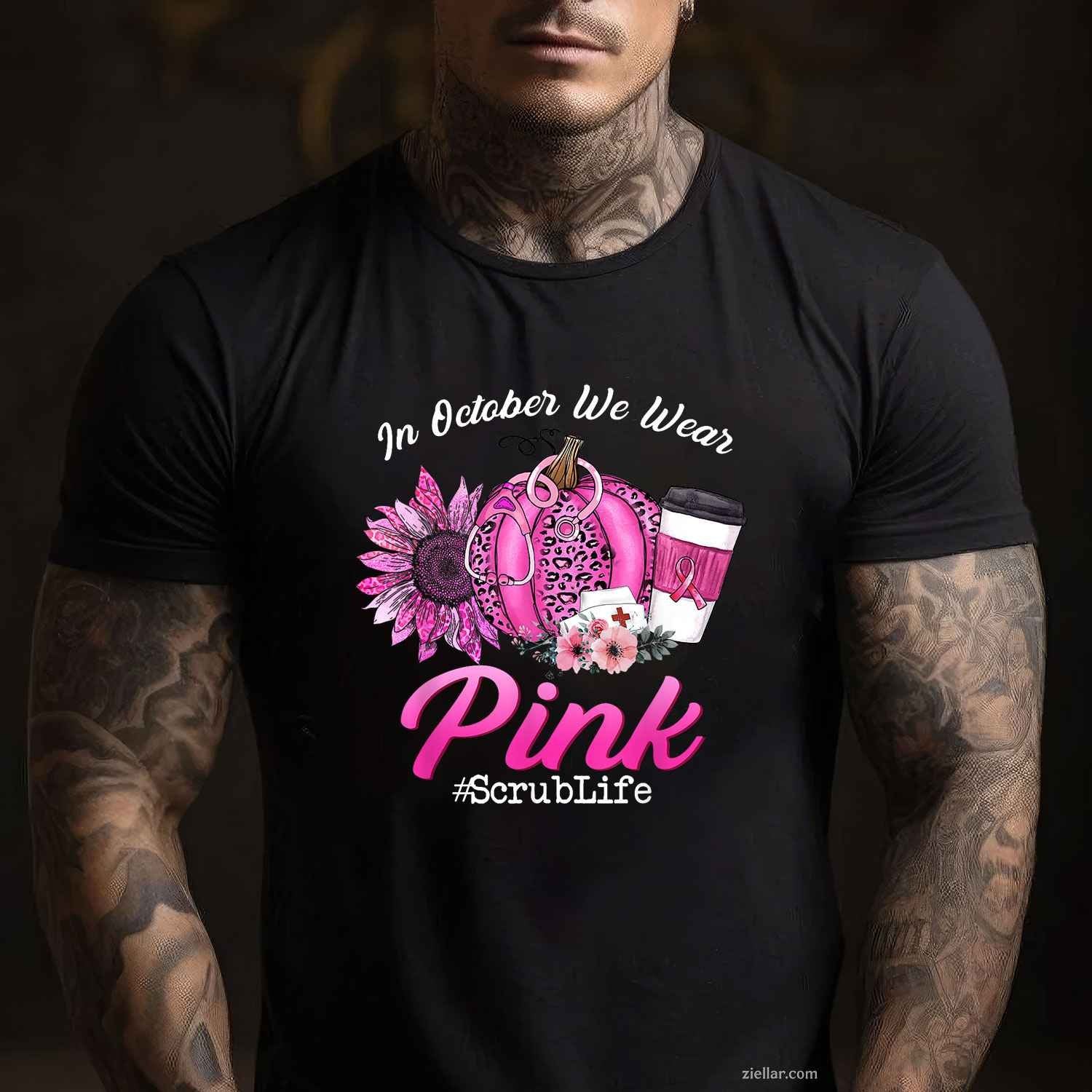 Nurse Scrub Life In October We Wear Pink Breast Cancer Fall Funny Graphic Tee and T-Shirt Gift for Adults Men Women Unisex