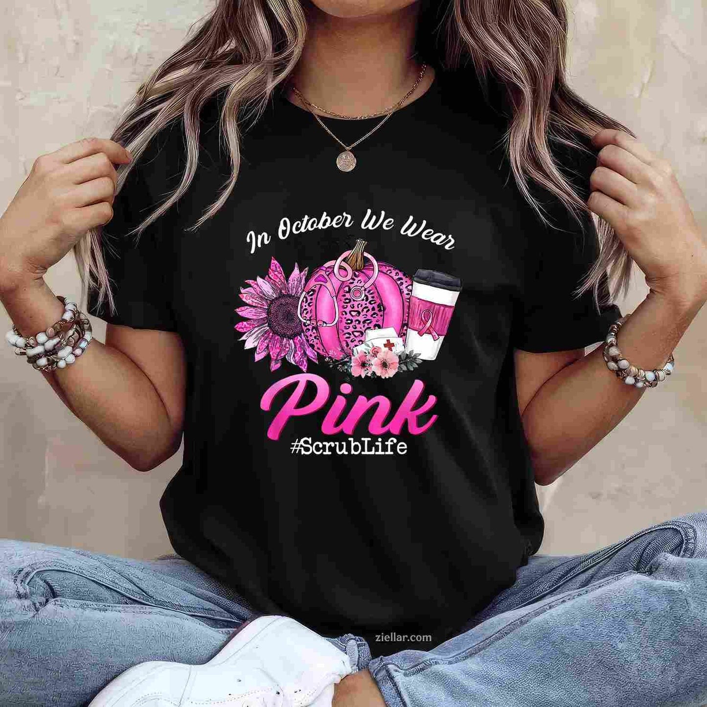 Nurse Scrub Life In October We Wear Pink Breast Cancer Fall Funny Graphic Tee and T-Shirt Gift for Adults Men Women Unisex