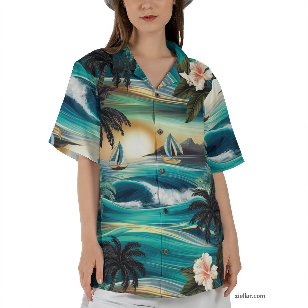 Ocean Palm Sunset Hawaiian Shirt and Tee, Beach Aloha Outfit for Men Women