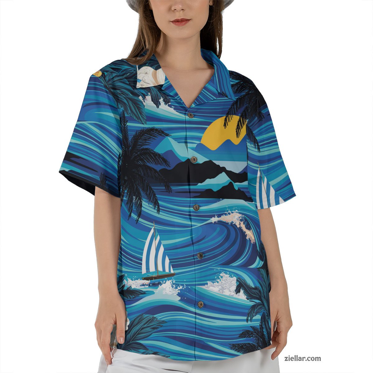 Ocean Sunset & Palm Tree Hawaiian Shirt and Tee, Aloha Beachwear Gift