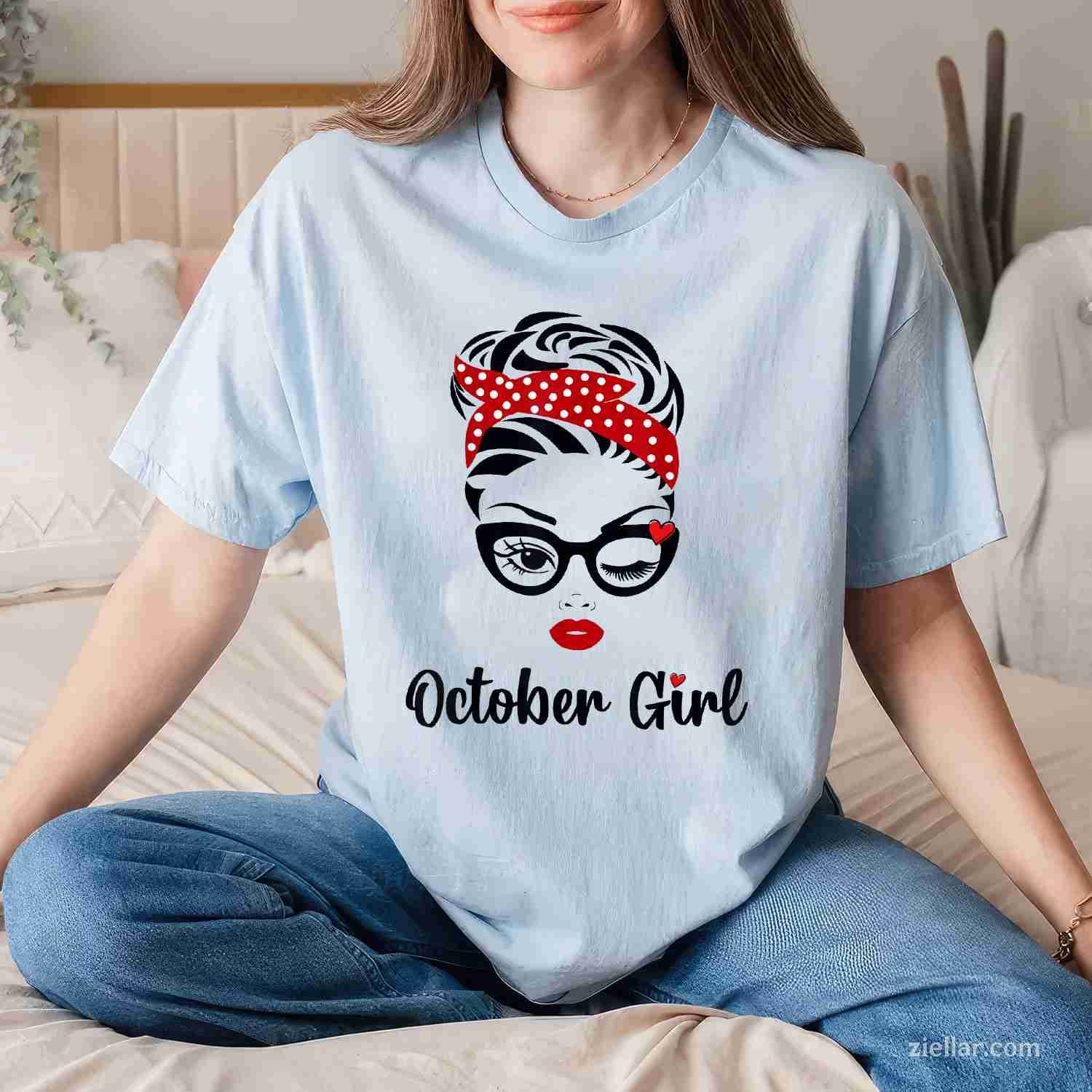 October Birthday Women Face Wink Eye Bandana Plaid Cute Tee, Birthday T-Shirt for Men Women Adults Unisex, Aesthetic Streetwear Top, Soft Cotton Premium Print