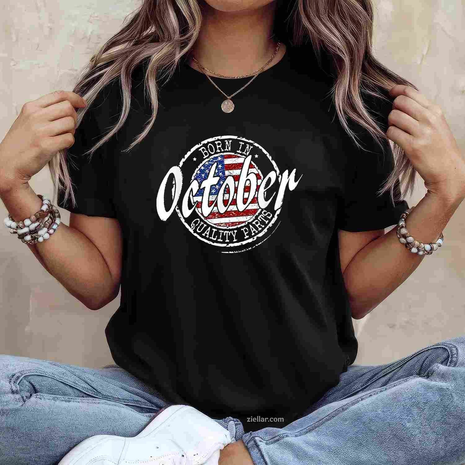 October Birthday, Vintage Flag Born In October Birthday Tee, Birthday T-Shirt for Men Women Adults Unisex, Aesthetic Streetwear Top, Soft Cotton Premium Print