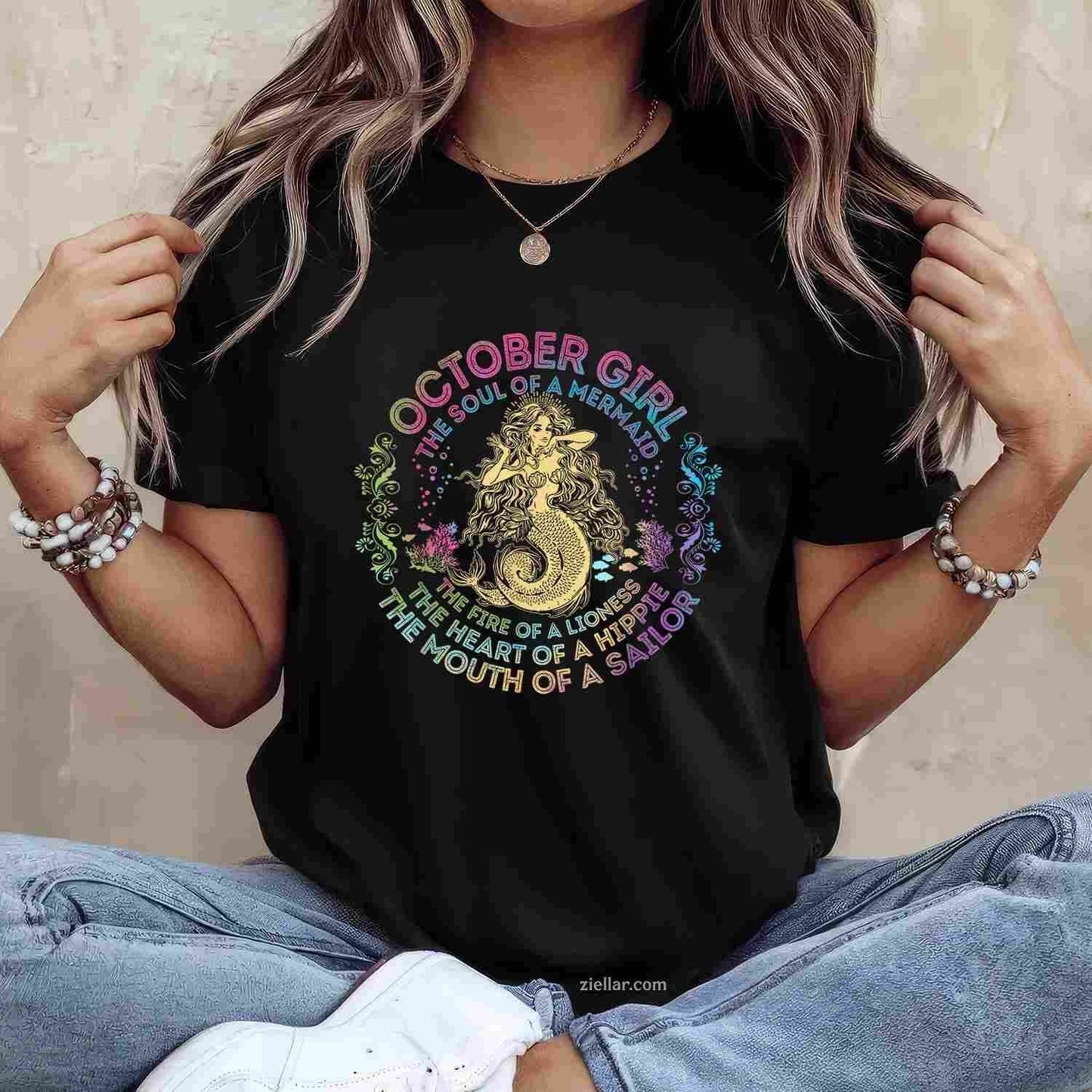 October Girl The Soul Of A Mermaid Birthday Hippie Soul T-Shirt and Tee for Adults Men Women Unisex