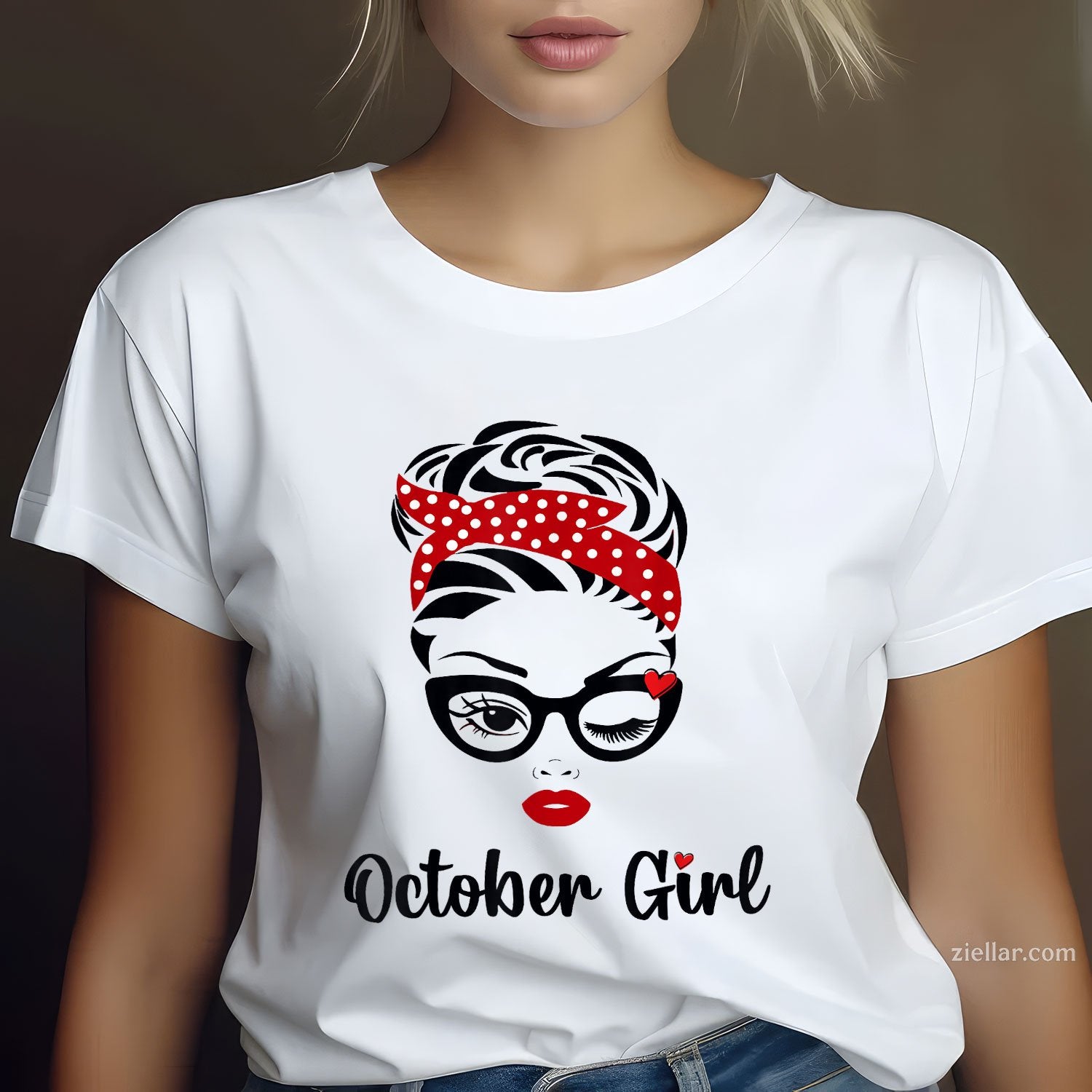 October Girl Face Wink Eye Tee and T-Shirt, Bandana Plaid Birthday T-Shirt for Women Adults