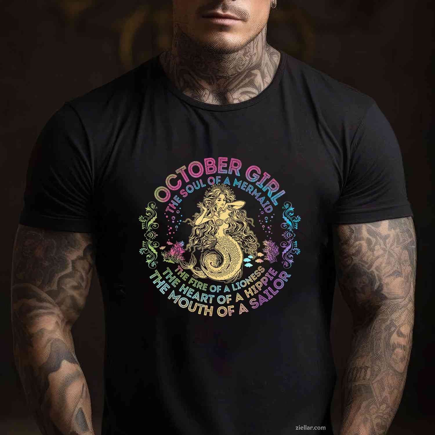 October Girl The Soul Of A Mermaid Birthday Hippie Soul T-Shirt and Tee for Adults Men Women Unisex