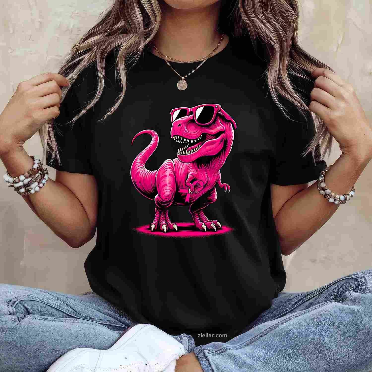October Pink Dinosaur Breast Cancer Pink Ribbon Boy Girl Kid Funny Graphic Tee and T-Shirt Gift for Adults Men Women Unisex