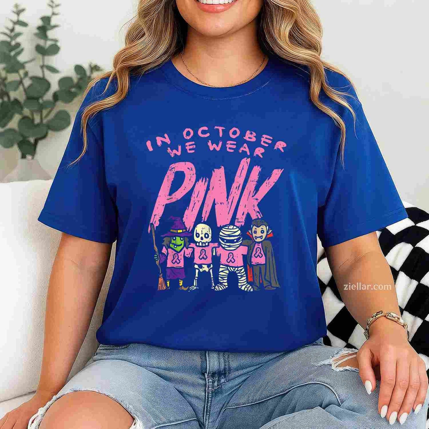 October We Wear Pink Witch Skeleton Halloween Breast Cancer Funny Graphic Tee and T-Shirt Gift for Adults Men Women Unisex