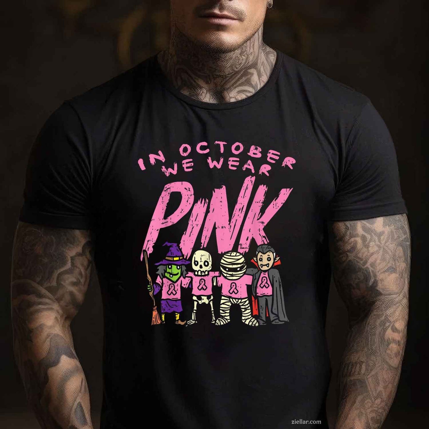 October We Wear Pink Witch Skeleton Halloween Breast Cancer Funny Graphic Tee and T-Shirt Gift for Adults Men Women Unisex