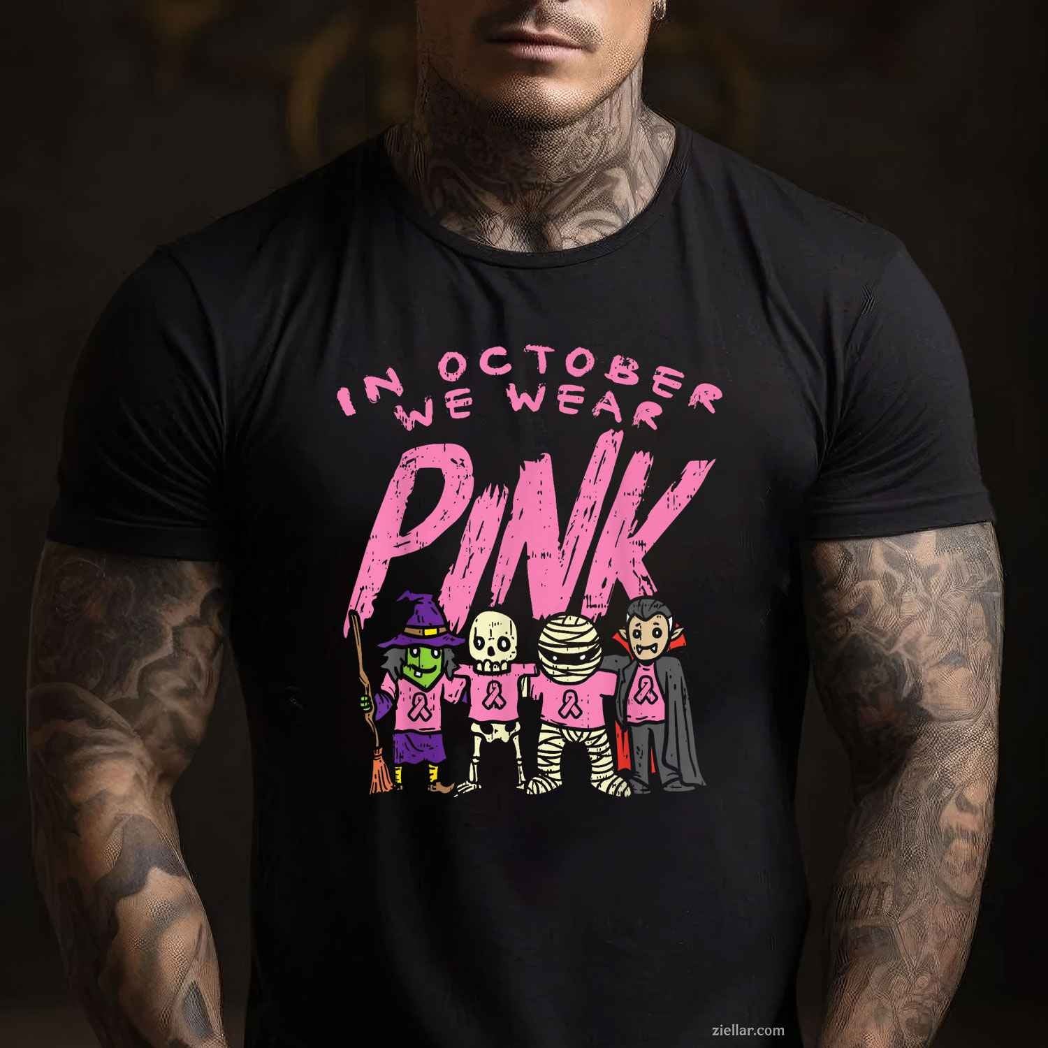 October We Wear Pink Witch Skeleton Halloween Breast Cancer Funny Graphic Tee and T-Shirt Gift for Adults Men Women Unisex