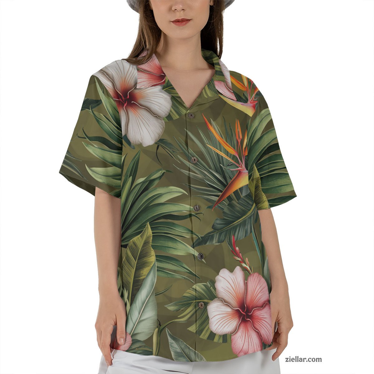 Olive Green Palm Hibiscus Hawaiian Shirt Tee, Beach Party Summer Outfit
