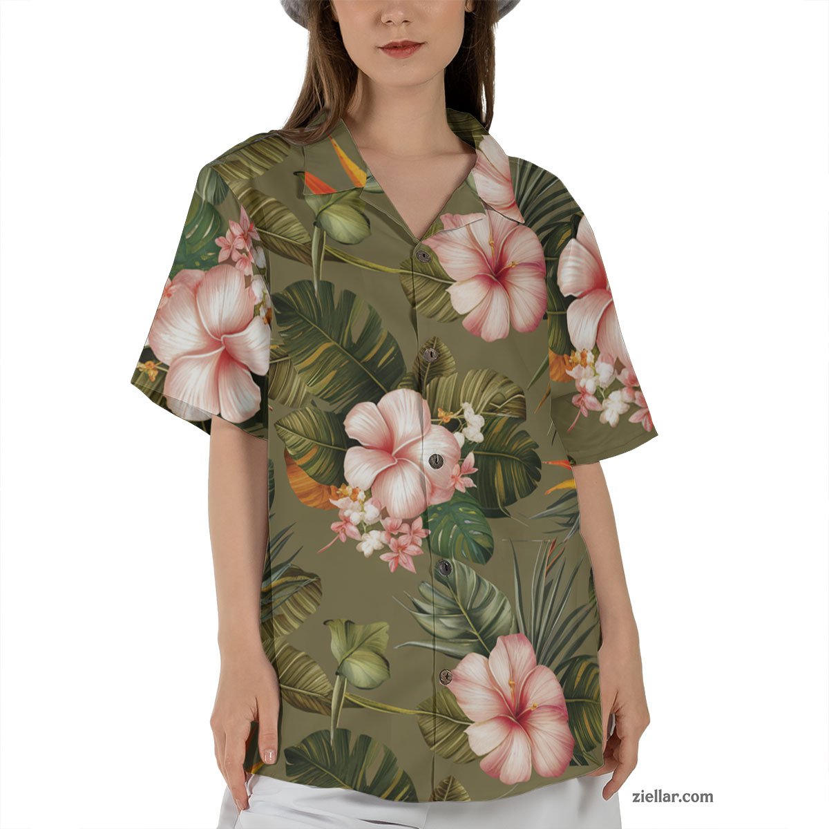 Olive Green Floral Hawaiian Shirt and Tee, Tropical Aloha Wear Unisex