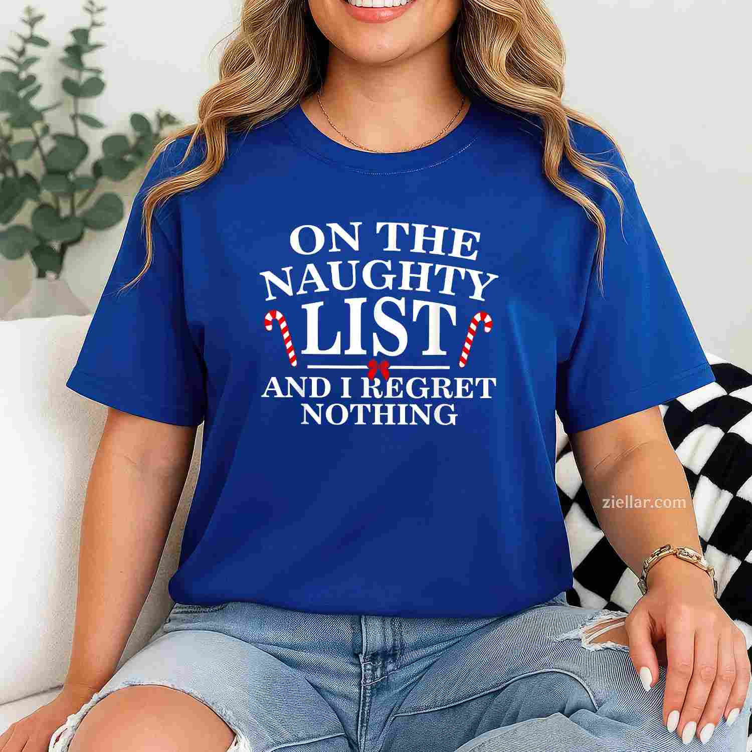 On The Naughty List And I Regret Nothing Funny Xmas T-Shirt, A Funny Christmas Adult Humor Tee For Women And Men