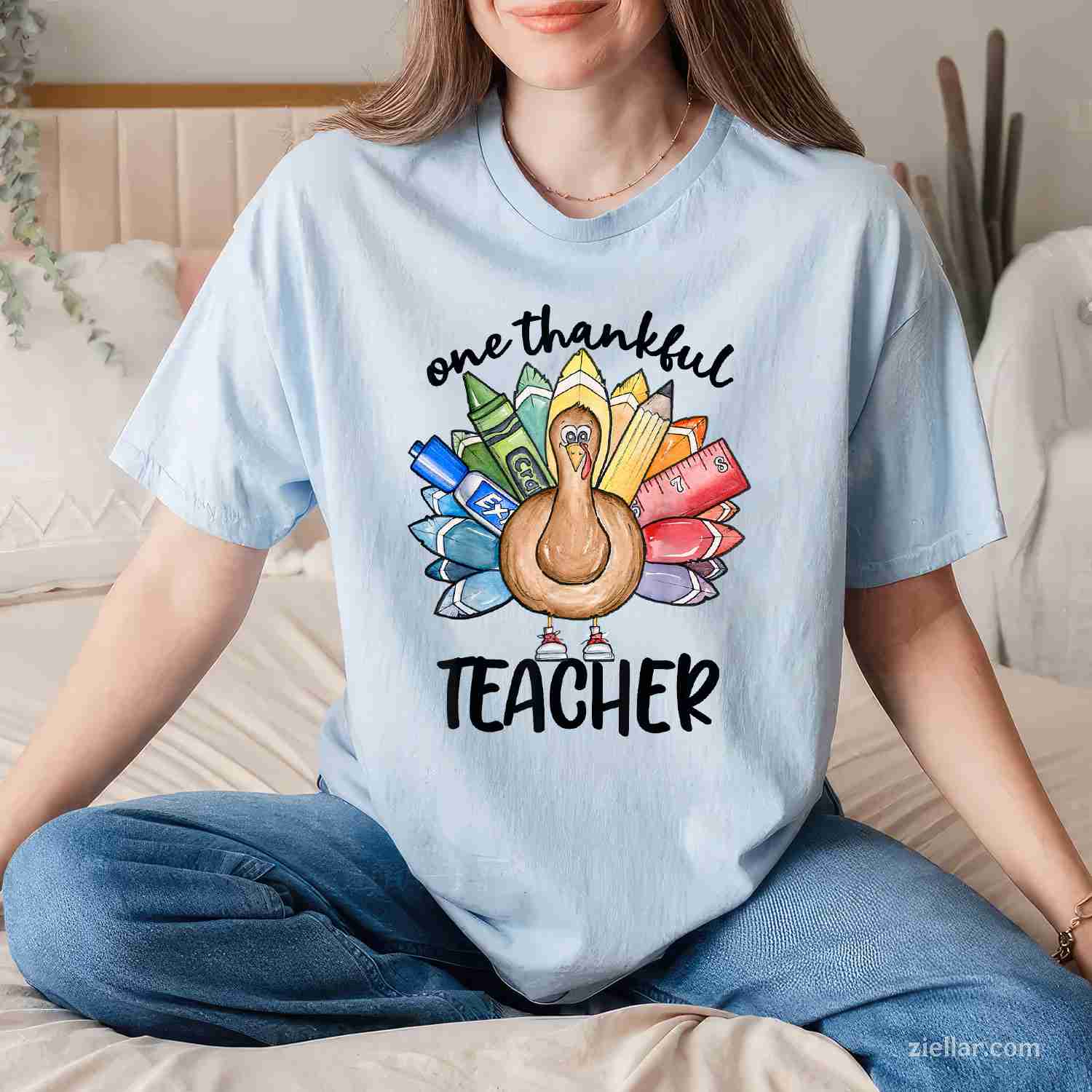 One Thankful Teacher Thanksgiving Turkey, Cute Crayon Pencil Premium T-Shirt And Tee For Men Women