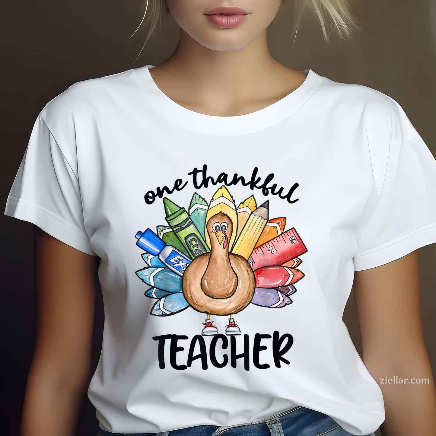 One Thankful Teacher Thanksgiving Turkey, Cute Crayon Pencil Premium T-Shirt And Tee For Men Women
