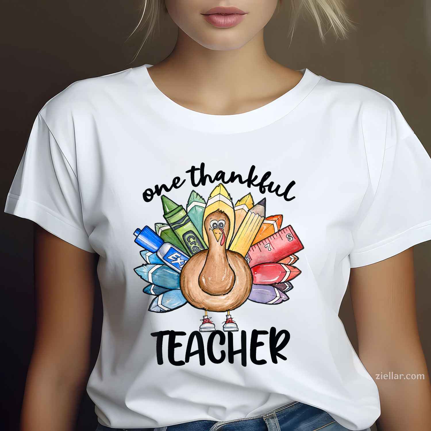 One Thankful Teacher Thanksgiving Turkey, Cute Crayon Pencil Premium T-Shirt And Tee For Men Women