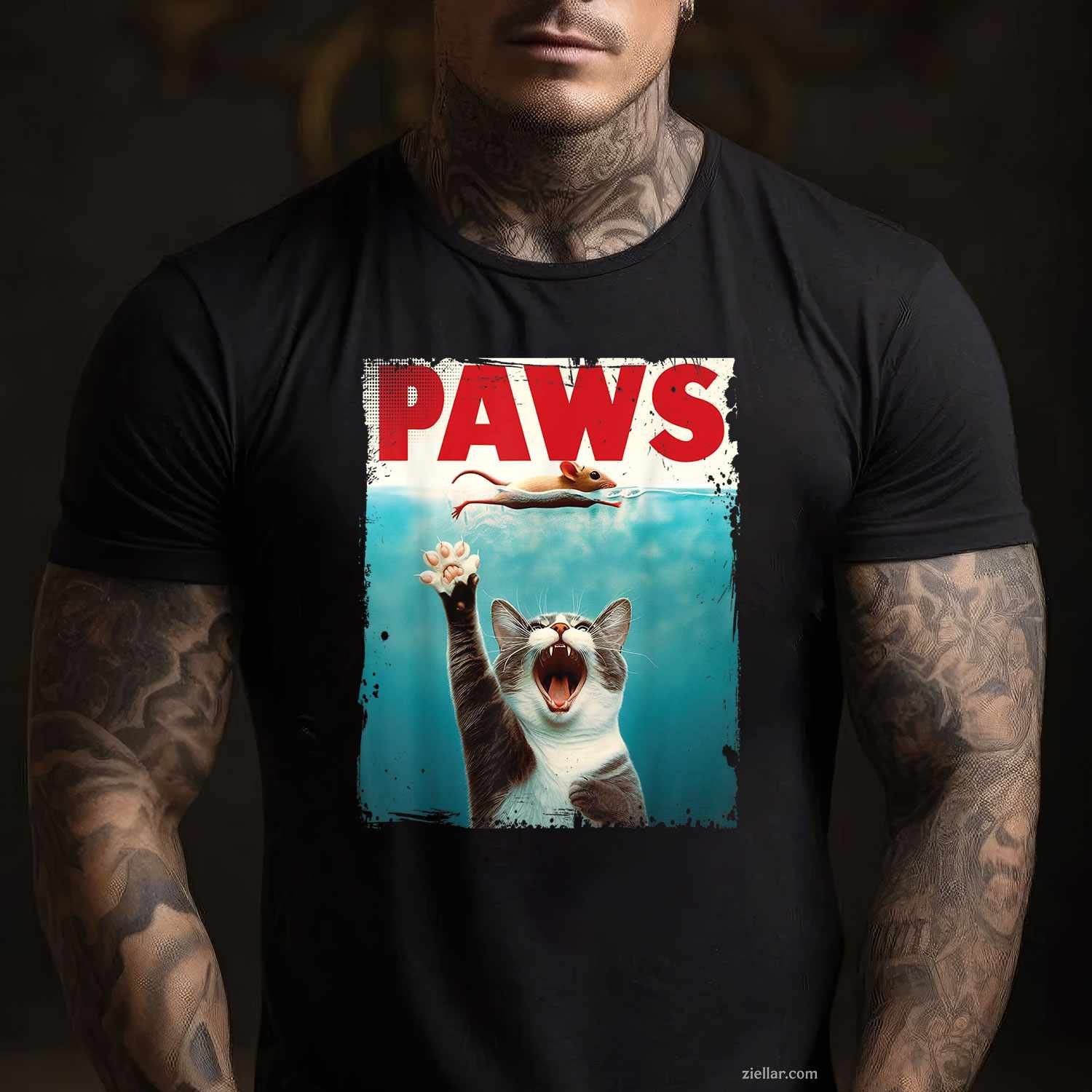 PAWS Parody Cat Mouse Humorous Cat Chasing Mouse Kitten Funny Graphic Tee and T-Shirt Gift for Adults Men Women Unisex