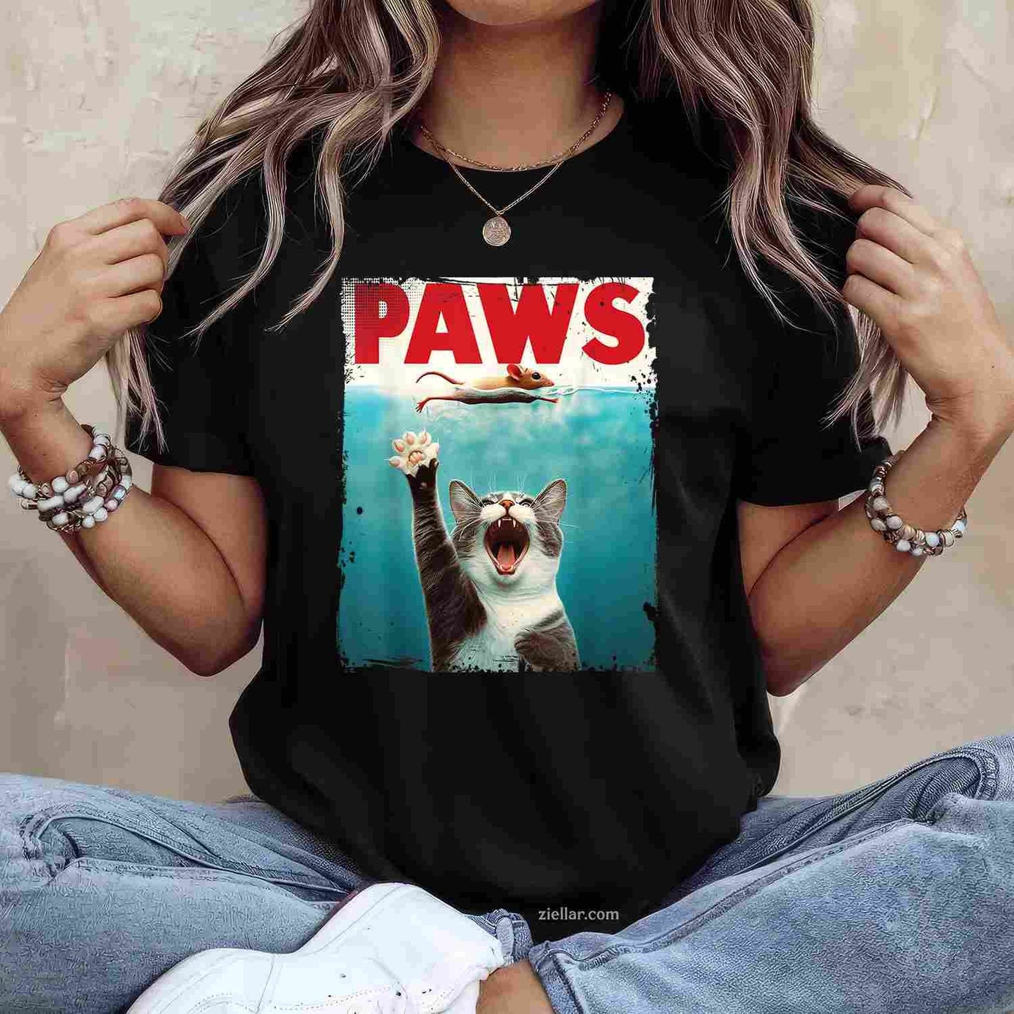 PAWS Parody Cat Mouse Humorous Cat Chasing Mouse Kitten Funny Graphic Tee and T-Shirt Gift for Adults Men Women Unisex