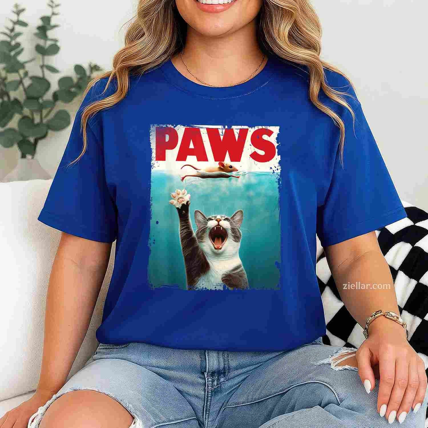 PAWS Parody Cat Mouse Humorous Cat Chasing Mouse Kitten Funny Graphic Tee and T-Shirt Gift for Adults Men Women Unisex