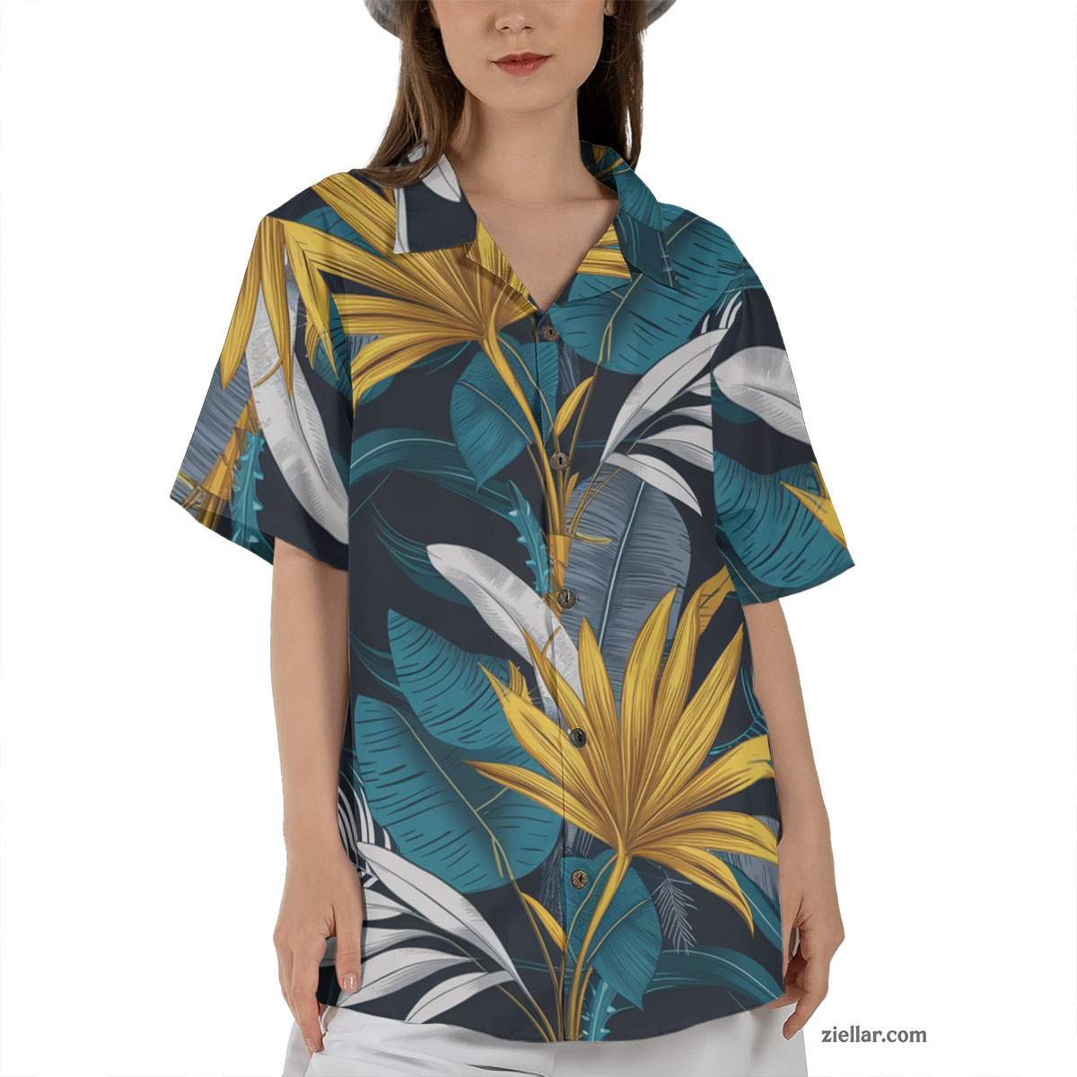 Palm Fan Leaf Hawaiian Shirt Tee, Teal Gold Print Aloha Outfit for Adults