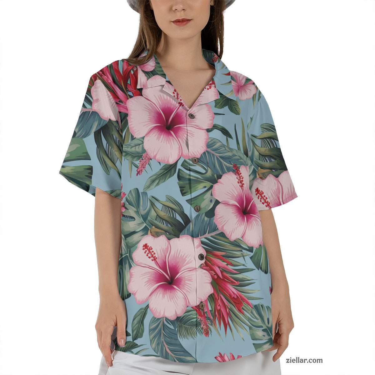 Palm Leaf & Hibiscus Hawaiian Shirt Tee, Light Blue Aloha Beach Outfit