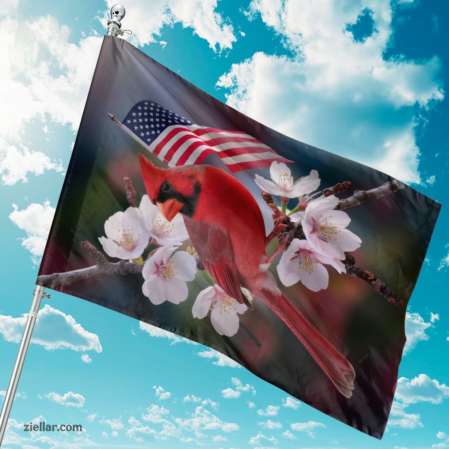 Patriotic Cardinal Garden Flag with Flowers, American Yard Banner for Outdoors