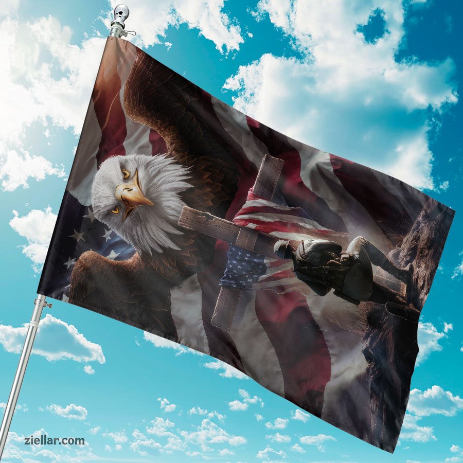 Patriotic Garden Flag Bald Eagle Kneeling Soldier and Cross Outdoor Yard Decor