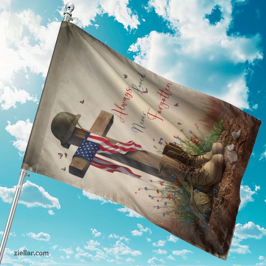 Patriotic Garden Flag Helmet on Cross with Boots and Flowers Outdoor Yard Decor