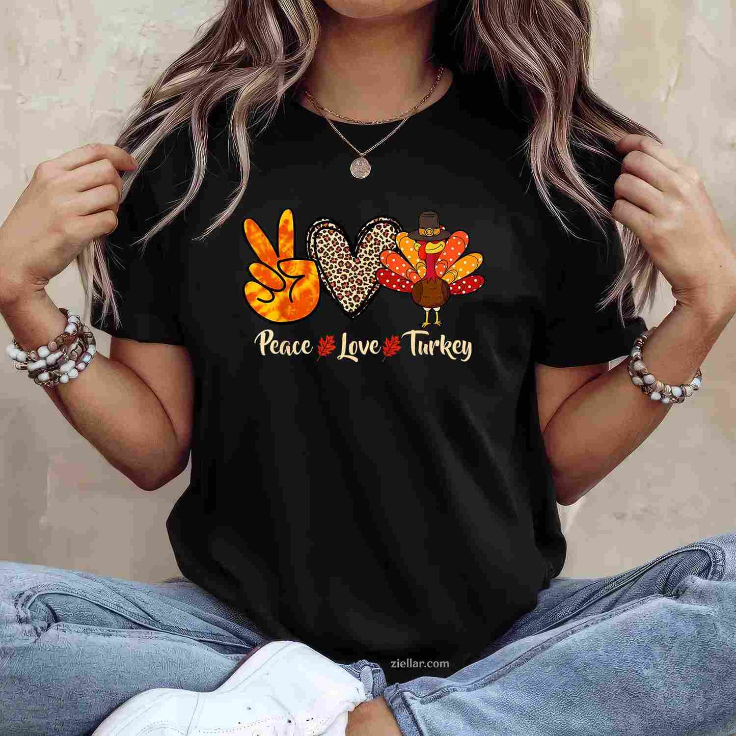 Peace Love Turkey Little Pilgrim Thanksgiving Womens & Girls T-Shirt And Tee With Vintage Style