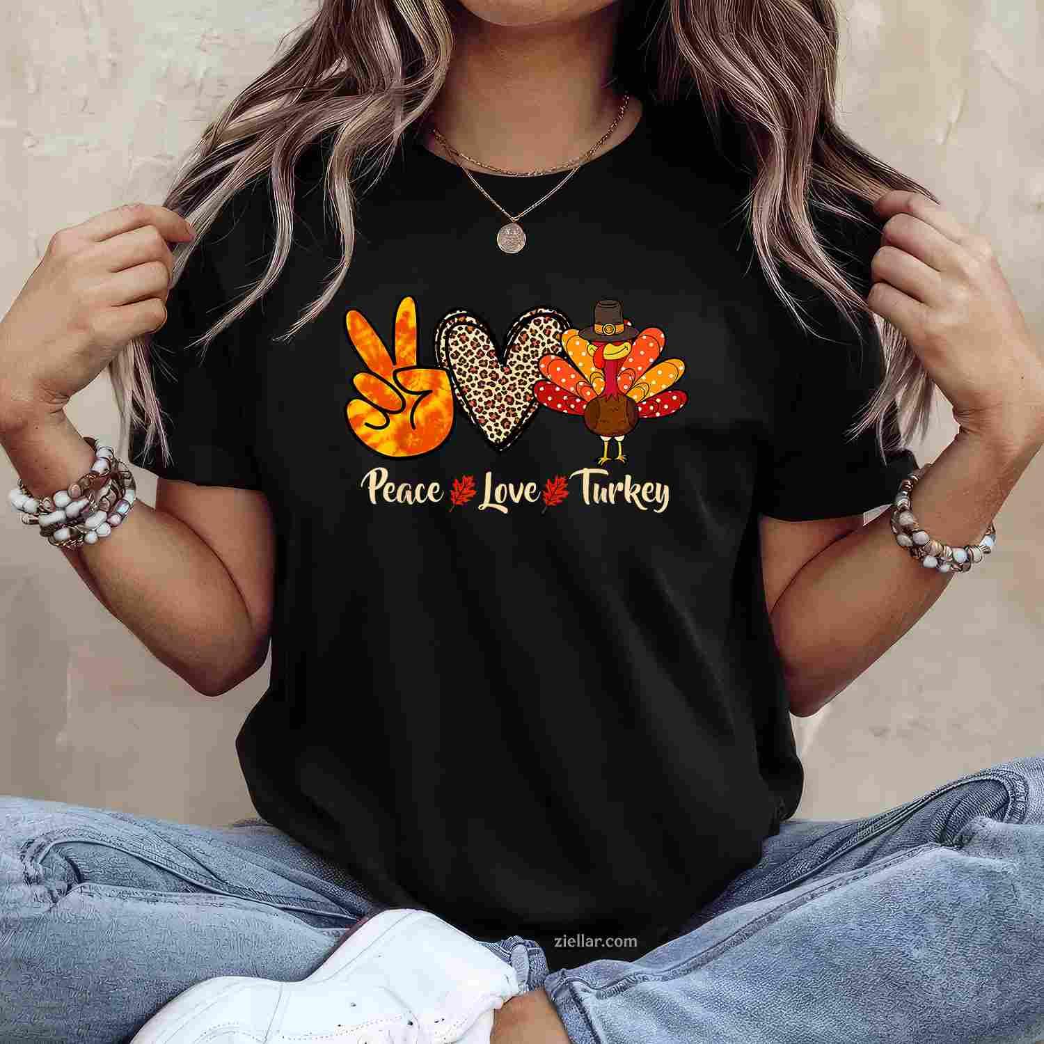 Peace Love Turkey Little Pilgrim Thanksgiving Womens & Girls T-Shirt And Tee With Vintage Style
