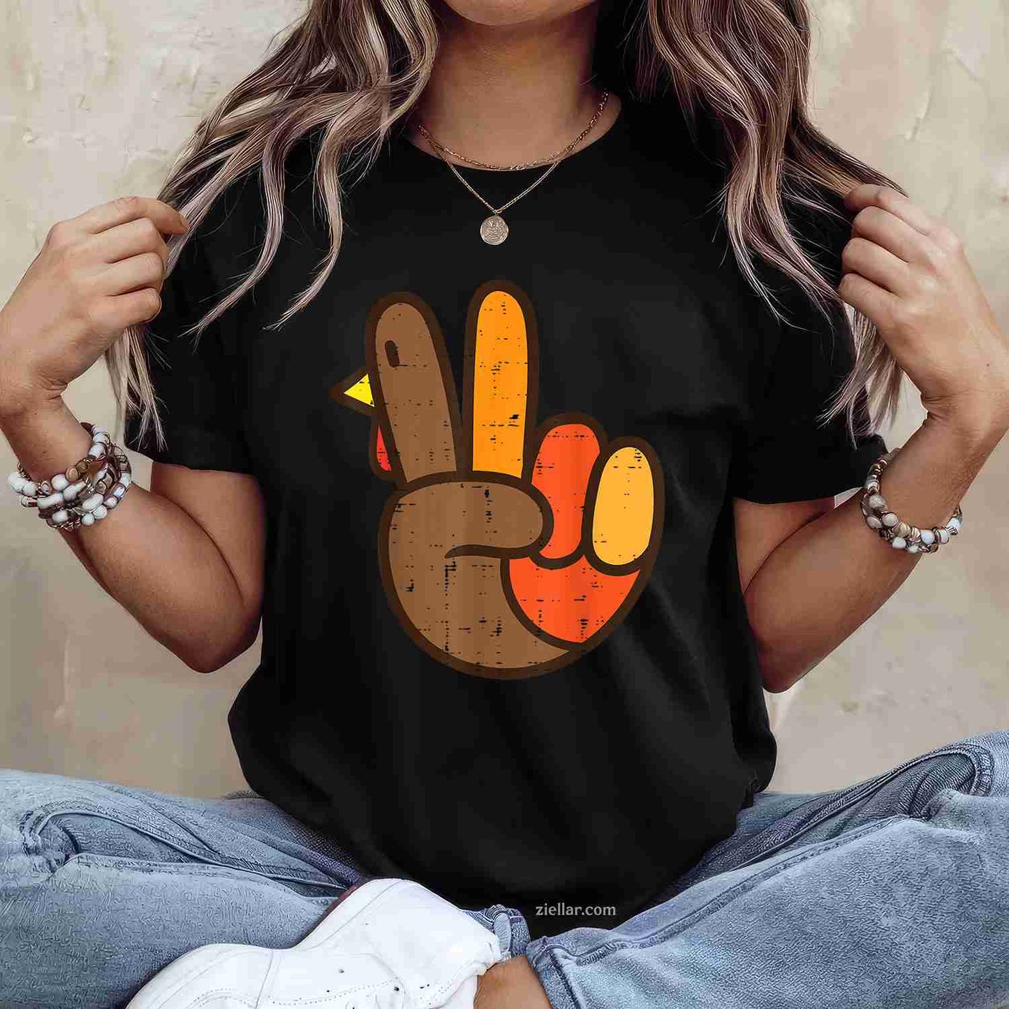 Peace Sign Turkey Hand Cool Thanksgiving Hippie Men Women T-Shirt and Tee for Adults Men Women Unisex
