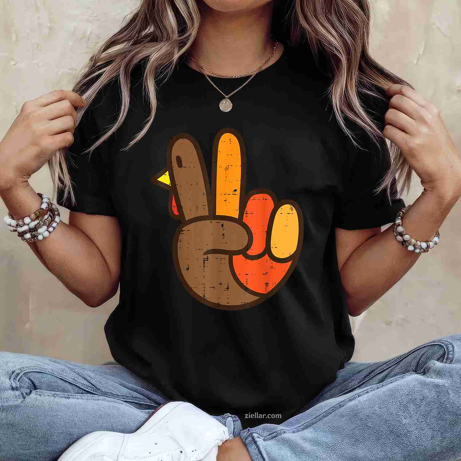 Peace Sign Turkey Hand Cool Thanksgiving Hippie Men Women T-Shirt and Tee for Adults Men Women Unisex