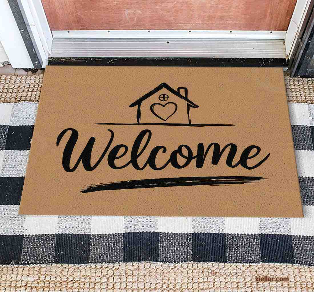 Personalized Welcome Home Doormat, Heart House Icon with Script Font Style