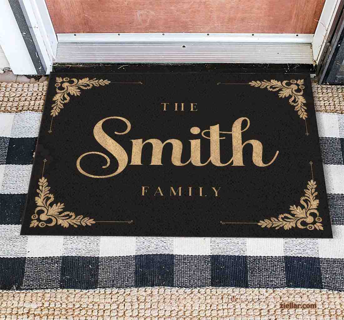 Personalized Doormat with Black and Gold Floral Corners and Family Name Text