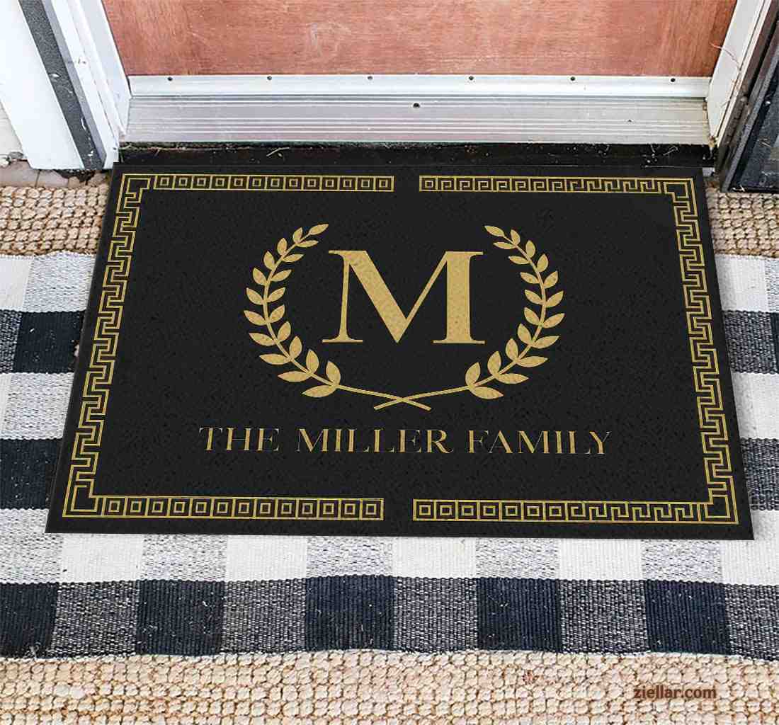 Personalized Monogram Doormat, Family Name Design with Gold Laurel