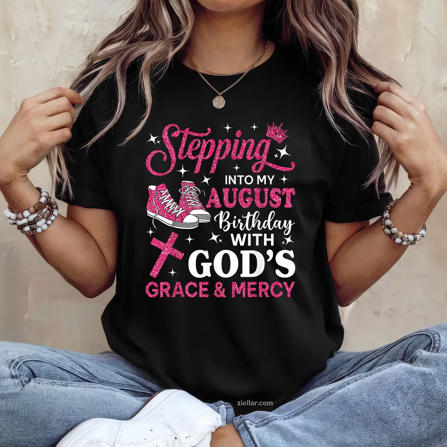 Pink Sneakers Queen Tee and T-Shirt, Stepping Into My August Birthday T-Shirt for Women Adults