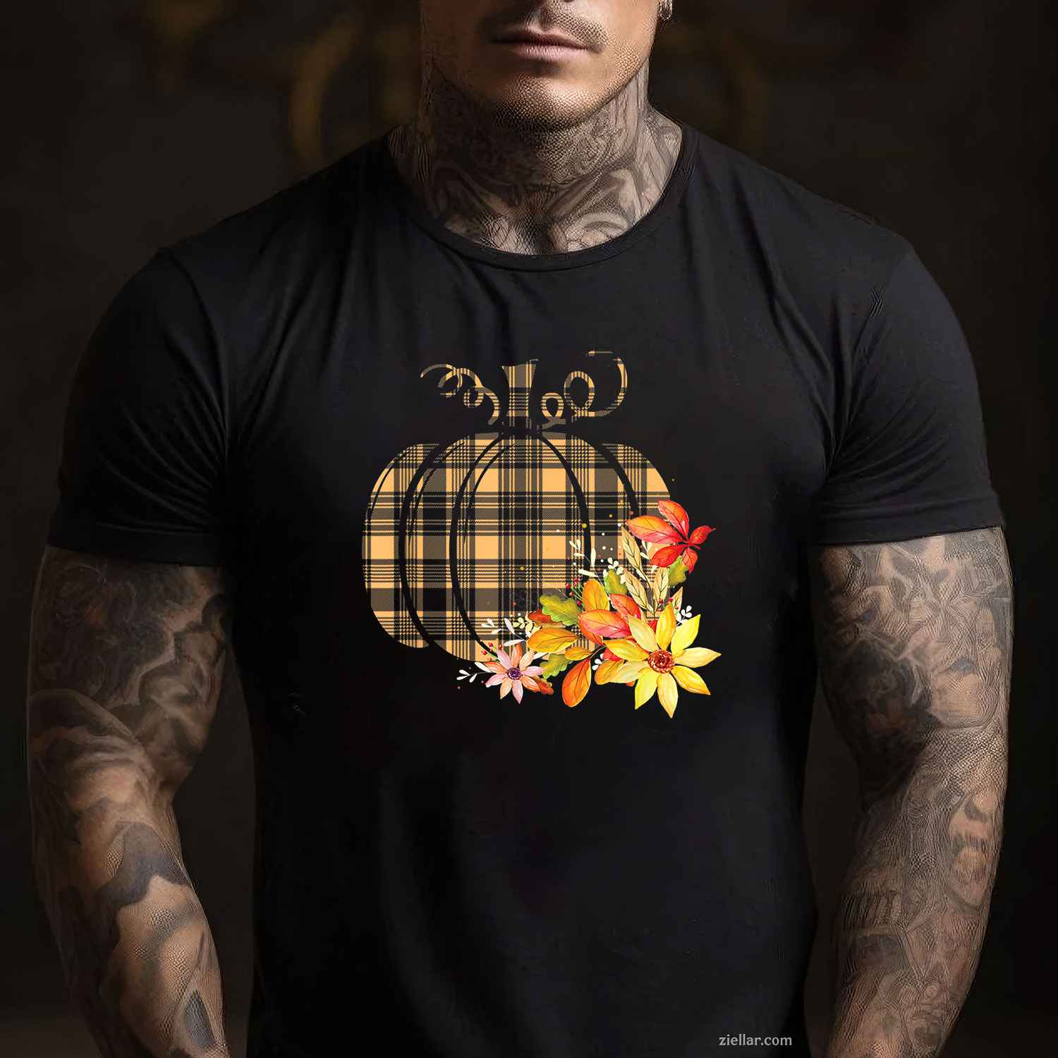 Plaid Pumpkin Flower Autumn Fall Graphic T-Shirt and Tee for Adults Men Women Unisex