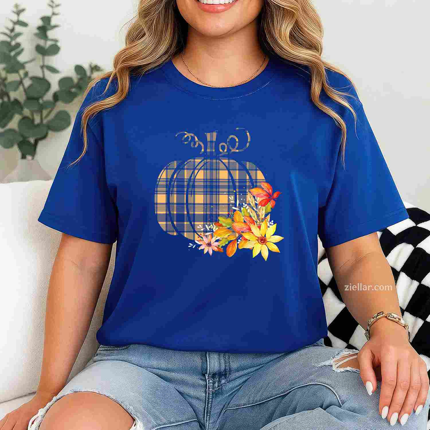 Plaid Pumpkin Flower Autumn Fall Graphic T-Shirt and Tee for Adults Men Women Unisex