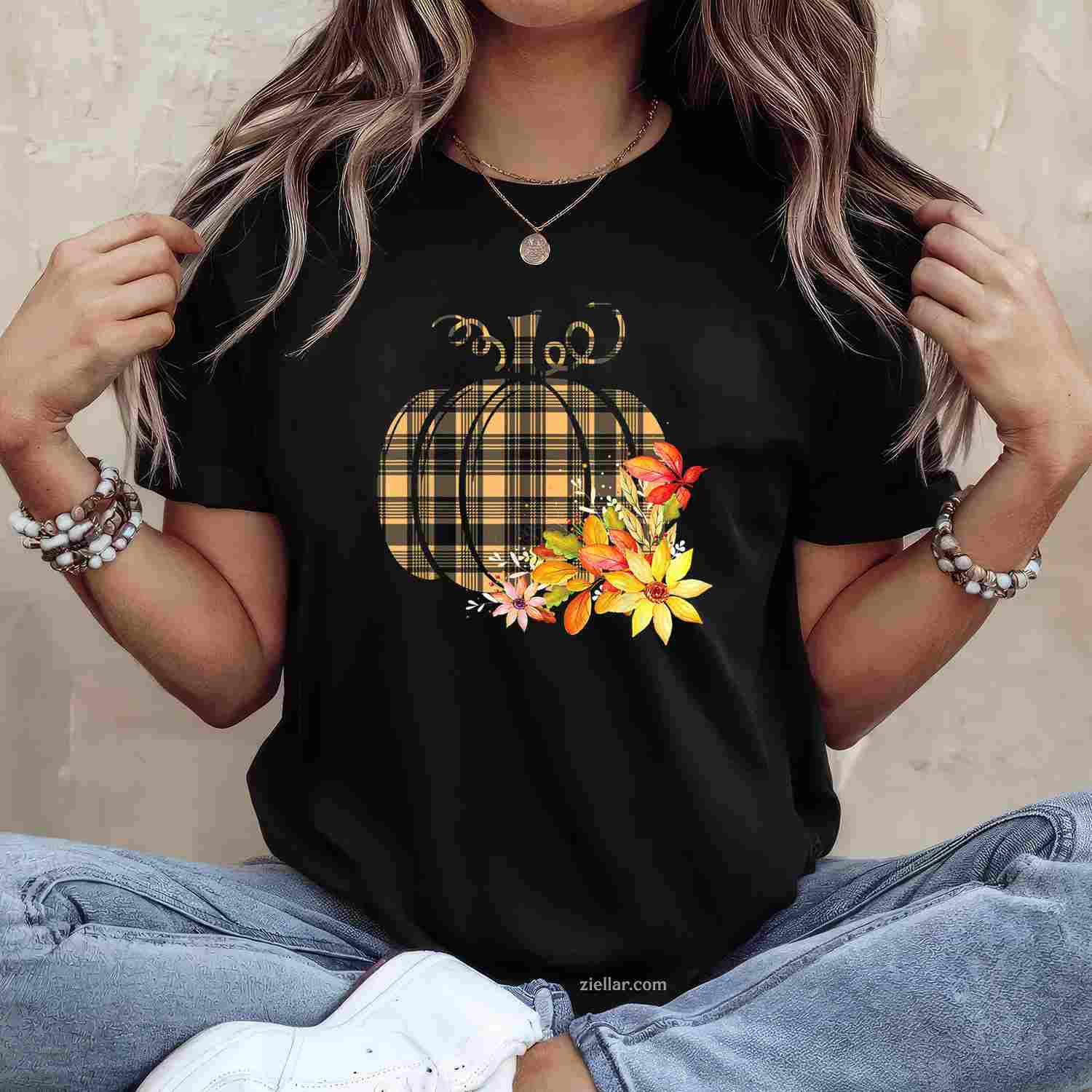 Plaid Pumpkin Flower Autumn Fall Graphic T-Shirt and Tee for Adults Men Women Unisex