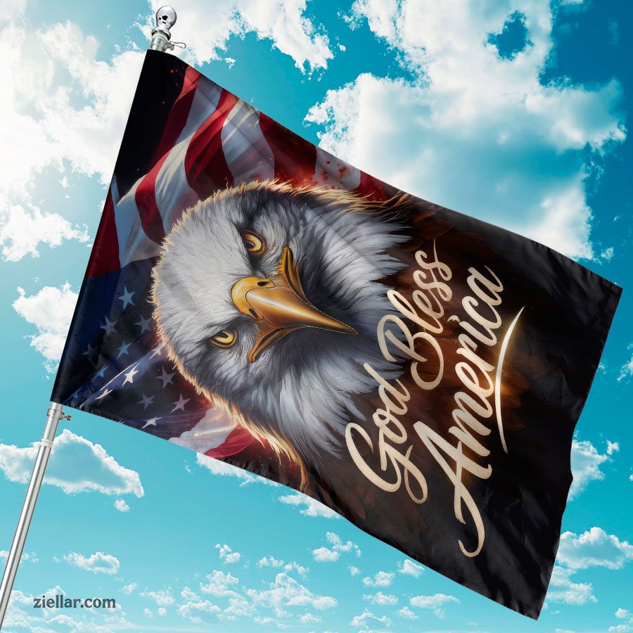 Powerful Bald Eagle and Waving American Flag Symbol of Freedom and Strength