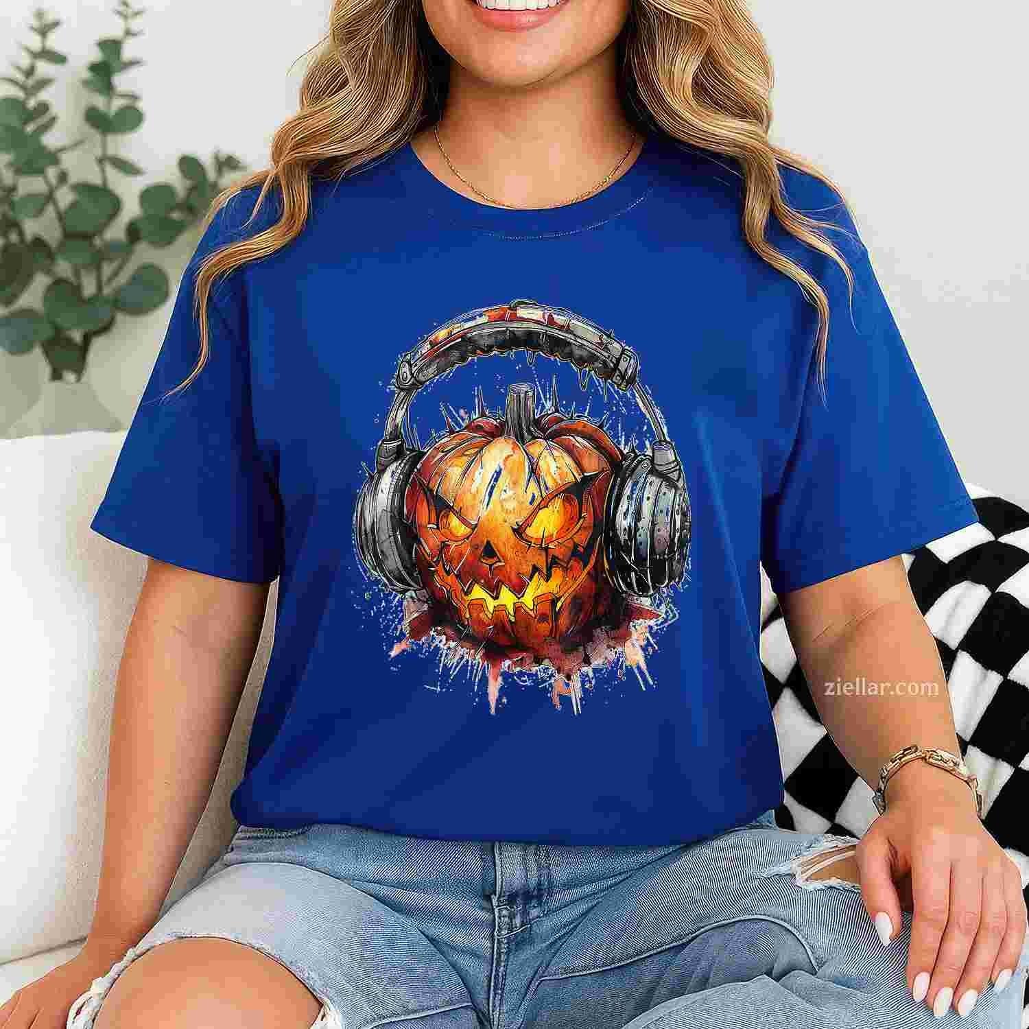 Pumpkin Costume Halloween Graphic Headphone Art Pumpkin Tee, Halloween T-Shirt for Men Women Adults Unisex, Vintage Retro Graphic, Funny Novelty Gift
