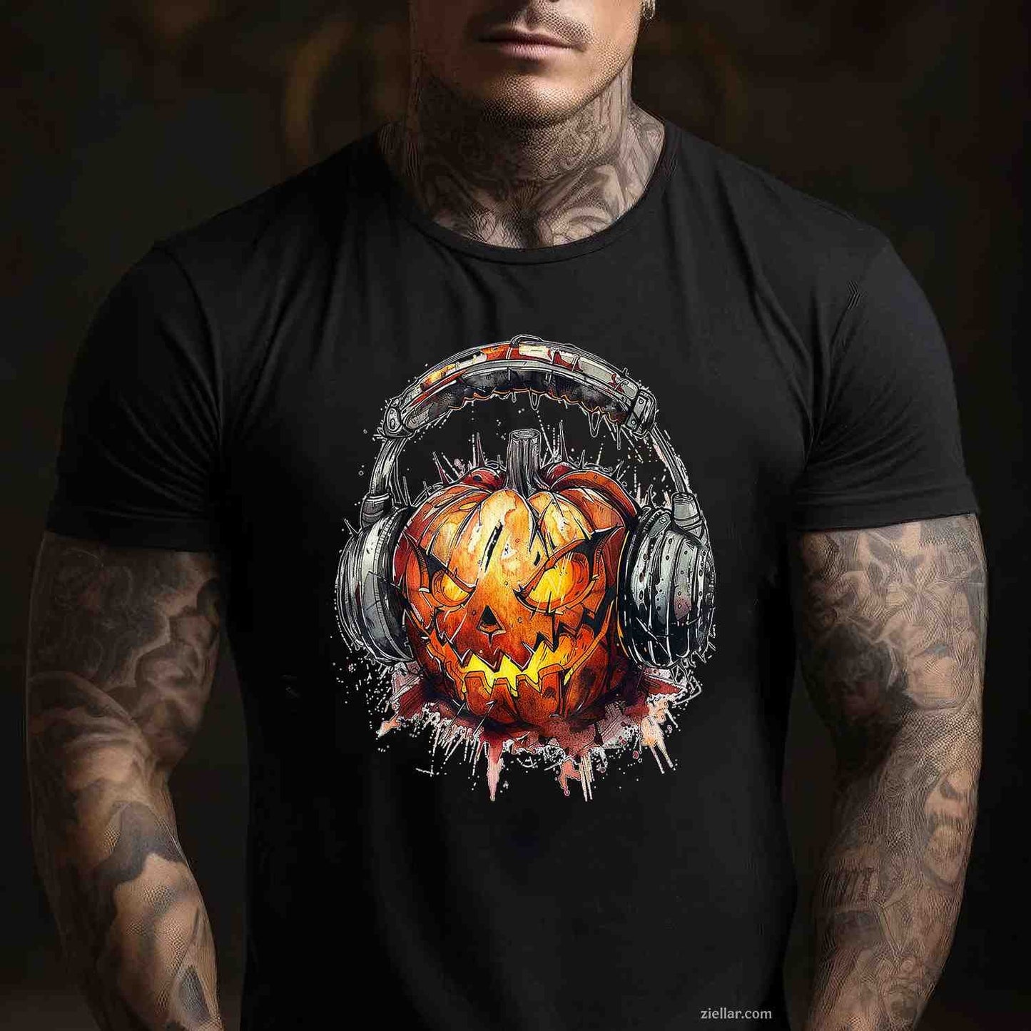 Pumpkin Costume Halloween Graphic Headphone Art Pumpkin Tee, Halloween T-Shirt for Men Women Adults Unisex, Vintage Retro Graphic, Funny Novelty Gift