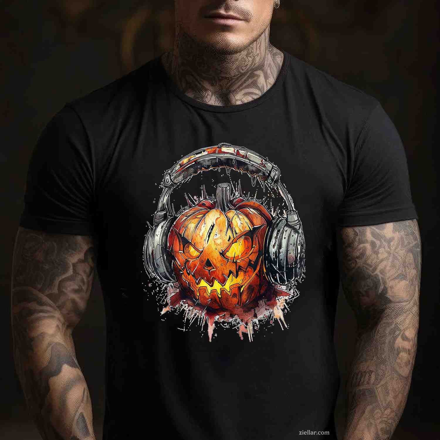 Pumpkin Costume Halloween Graphic Headphone Art Pumpkin Tee, Halloween T-Shirt for Men Women Adults Unisex, Vintage Retro Graphic, Funny Novelty Gift