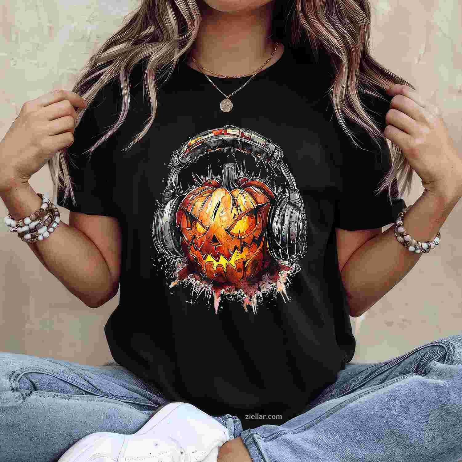 Pumpkin Costume Halloween Graphic Headphone Art Pumpkin Tee, Halloween T-Shirt for Men Women Adults Unisex, Vintage Retro Graphic, Funny Novelty Gift