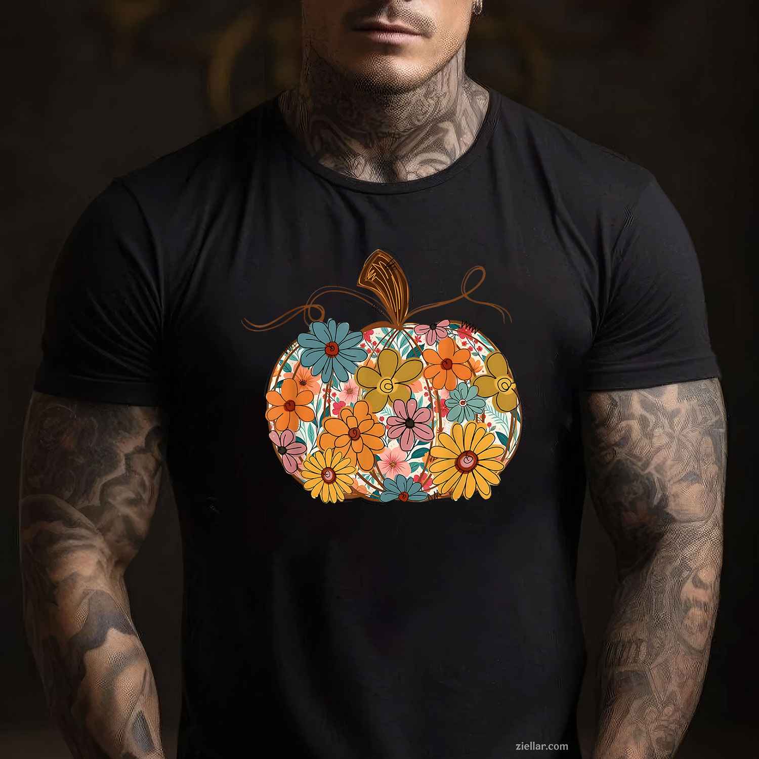Pumpkin Floral Autumn Fall Season Wildflower Thanksgiving T-Shirt and Tee for Adults Men Women Unisex