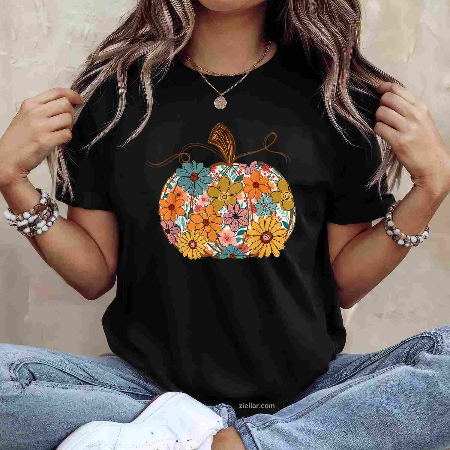 Pumpkin Floral Autumn Fall Season Wildflower Thanksgiving T-Shirt and Tee for Adults Men Women Unisex