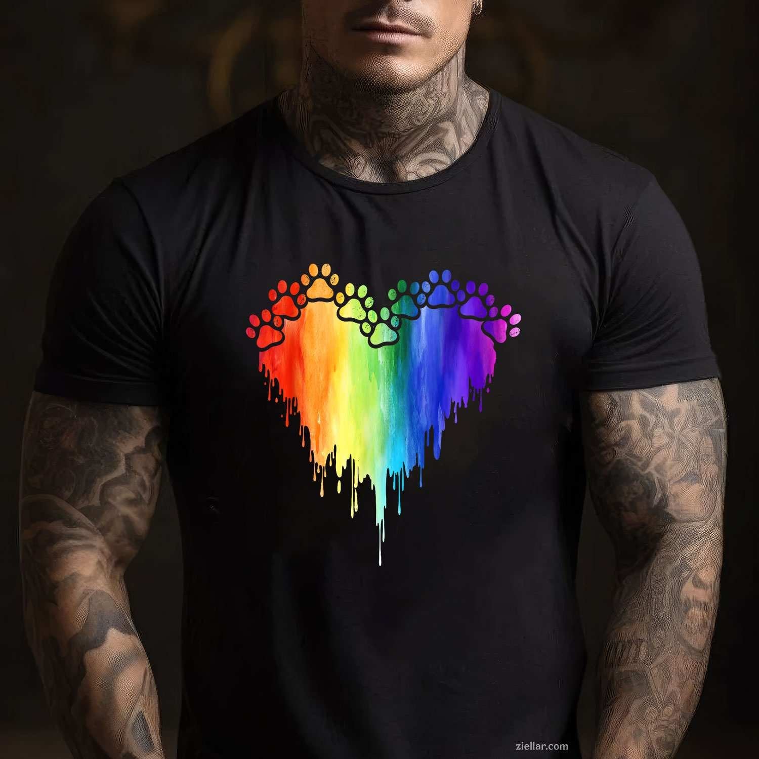 Puppy Lover Rainbow Paw Heart T-Shirt, Colorful Decor Dog Vintage Graphic Tee For Adults